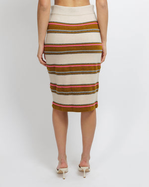 Chanel Pre-Fall 2014 Dallas Beige, Brown and Pink Cashmere Midi Skirt with Silver Star Buttons Size FR 36 (UK 8)