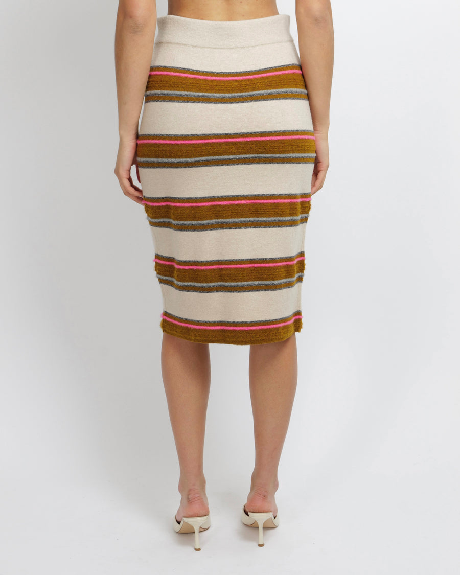 Chanel Pre-Fall 2014 Dallas Beige, Brown and Pink Cashmere Midi Skirt with Silver Star Buttons Size FR 36 (UK 8)