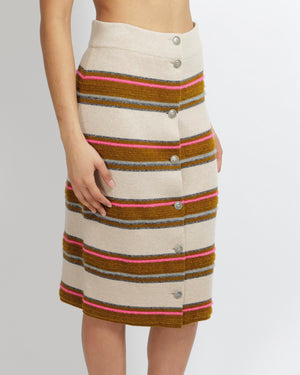 Chanel Pre-Fall 2014 Dallas Beige, Brown and Pink Cashmere Midi Skirt with Silver Star Buttons Size FR 36 (UK 8)