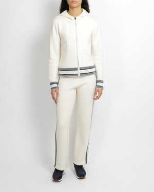 Christian Dior Cream Cashmere Hooded Jumper and Trouser Set with Navy Cuffs and Waistband and Back Logo Size FR 36 (UK 8) RRP £4,500