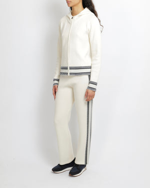 Christian Dior Cream Cashmere Hooded Jumper and Trouser Set with Navy Cuffs and Waistband and Back Logo Size FR 36 (UK 8) RRP £4,500