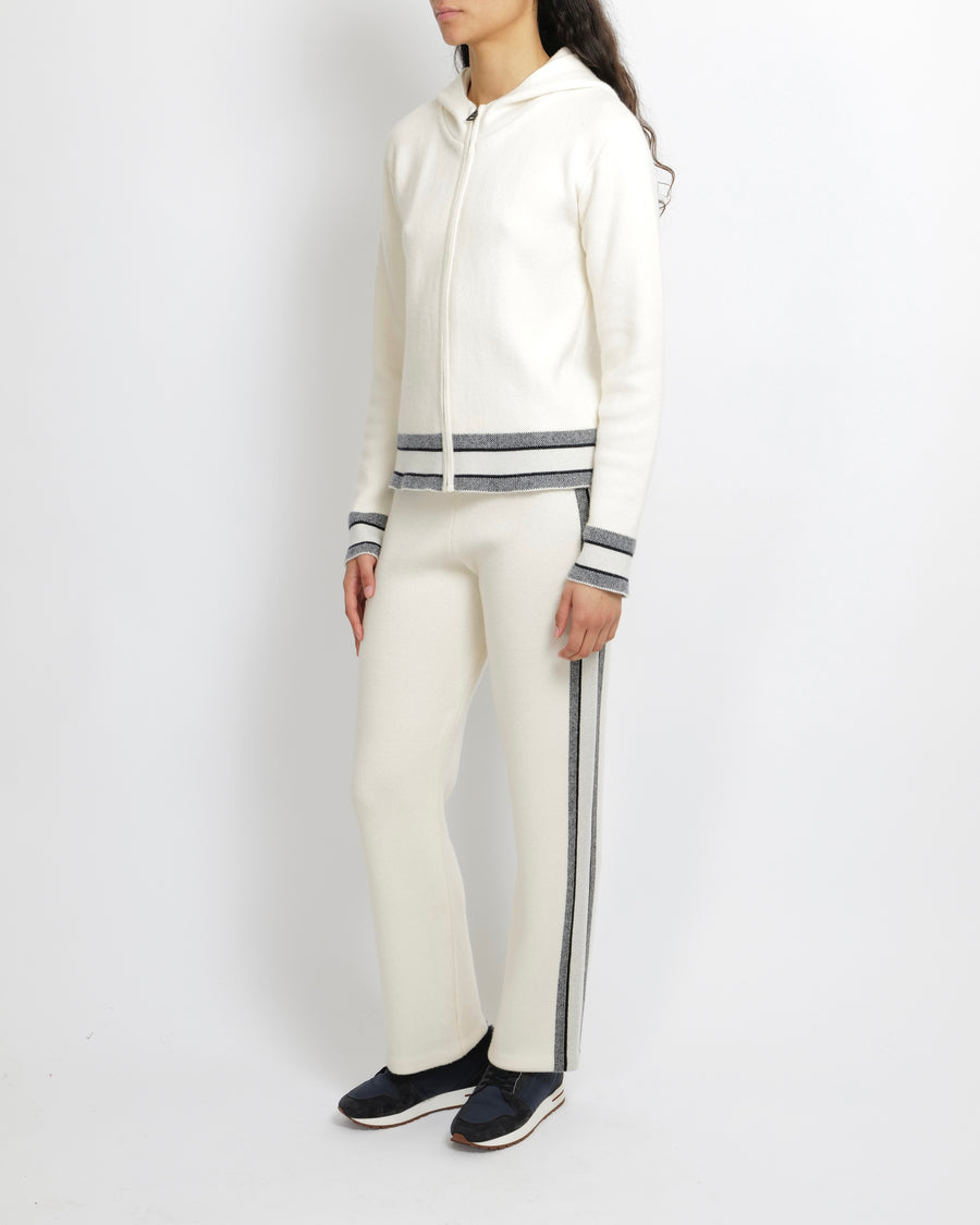 Christian Dior Cream Cashmere Hooded Jumper and Trouser Set with Navy Cuffs and Waistband and Back Logo Size FR 36 (UK 8) RRP £4,500