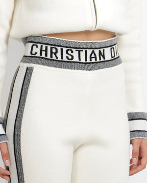 Christian Dior Cream Cashmere Hooded Jumper and Trouser Set with Navy Cuffs and Waistband and Back Logo Size FR 36 (UK 8) RRP £4,500
