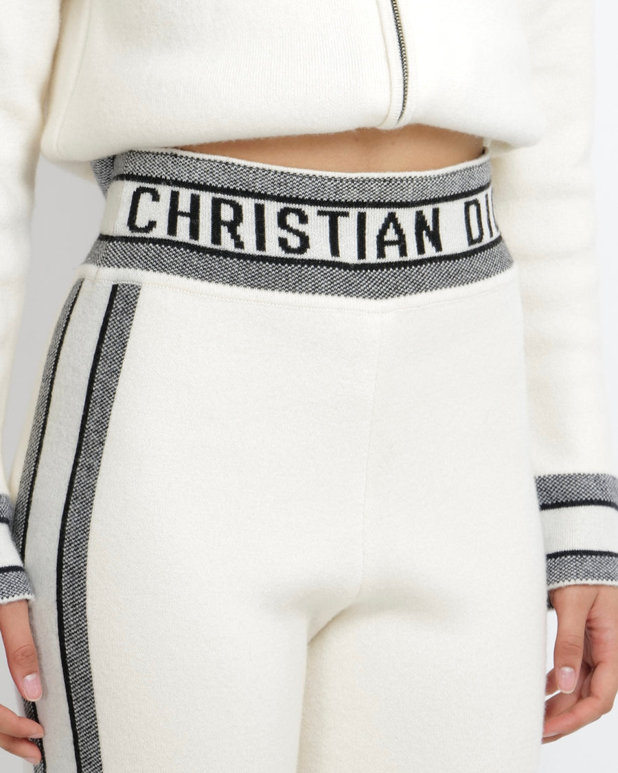 Christian Dior Cream Cashmere Hooded Jumper and Trouser Set with Navy Cuffs and Waistband and Back Logo Size FR 36 (UK 8) RRP £4,500