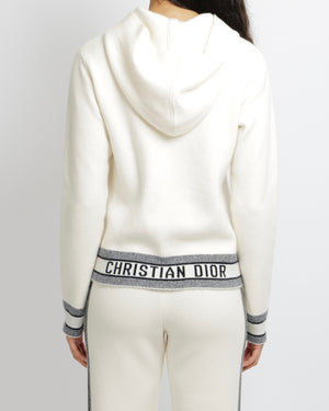 Christian Dior Cream Cashmere Hooded Jumper and Trouser Set with Navy Cuffs and Waistband and Back Logo Size FR 36 (UK 8) RRP £4,500