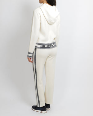 Christian Dior Cream Cashmere Hooded Jumper and Trouser Set with Navy Cuffs and Waistband and Back Logo Size FR 36 (UK 8) RRP £4,500
