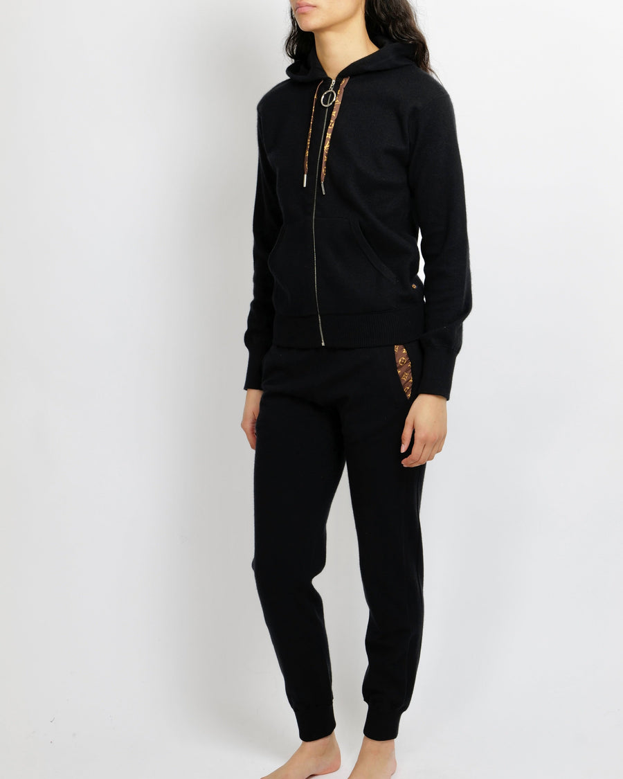 Louis Vuitton Black Cashmere Hooded Jumper and Sweatpants Tracksuit Set with Brown Monogram Details Size XS/S (UK 6/8)