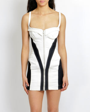 Mugler White Denim and Black Corset Mini Dress with Front Zipper Detail Size FR 42 (UK 14) RRP £1,100