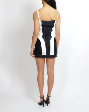 Mugler White Denim and Black Corset Mini Dress with Front Zipper Detail Size FR 42 (UK 14) RRP £1,100