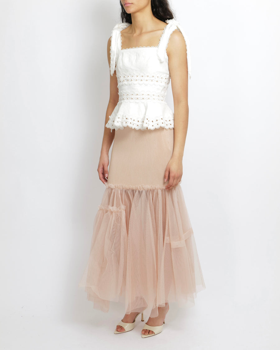 Alexander McQueen Blush Pink Layered Tulle-Trimmed Midi Knit Skirt Size S (UK 8) RRP £1,750