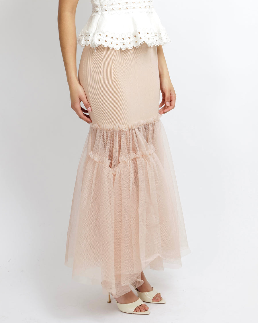 Alexander McQueen Blush Pink Layered Tulle-Trimmed Midi Knit Skirt Size S (UK 8) RRP £1,750