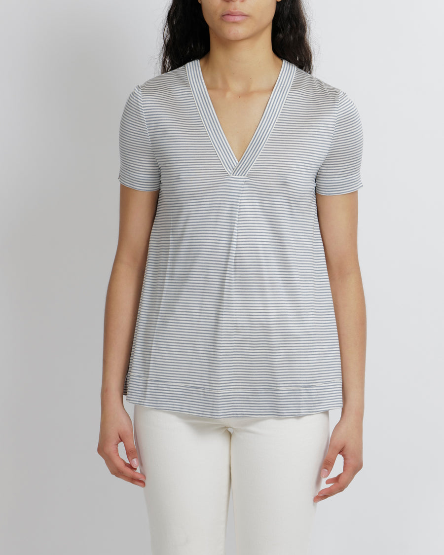 Loro Piana Silk Blue Stripped V-neck Top Size S (UK 8)