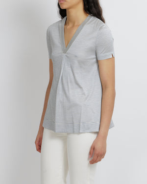 Loro Piana Silk Blue Stripped V-neck Top Size S (UK 8)