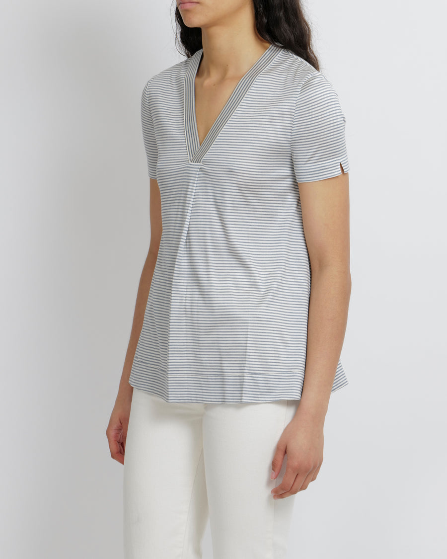 Loro Piana Silk Blue Stripped V-neck Top Size S (UK 8)