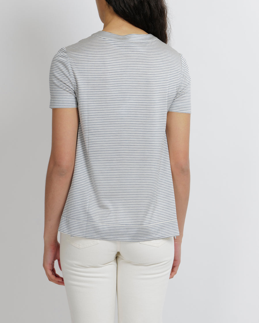 Loro Piana Silk Blue Stripped V-neck Top Size S (UK 8)