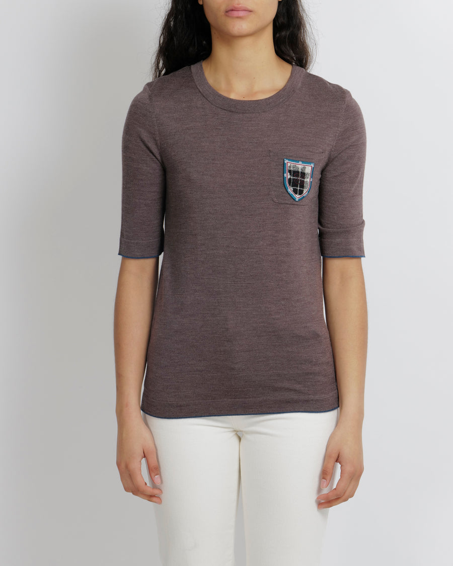 Chanel Brown Wool T-Shirt with CC Logo Embroidered Pocket Detail Size FR 36 (UK 8)