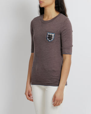 Chanel Brown Wool T-Shirt with CC Logo Embroidered Pocket Detail Size FR 36 (UK 8)