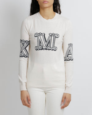 Max Mara Cream Cashmere Jumper with Grey Logo Detail Size S (UK 8)