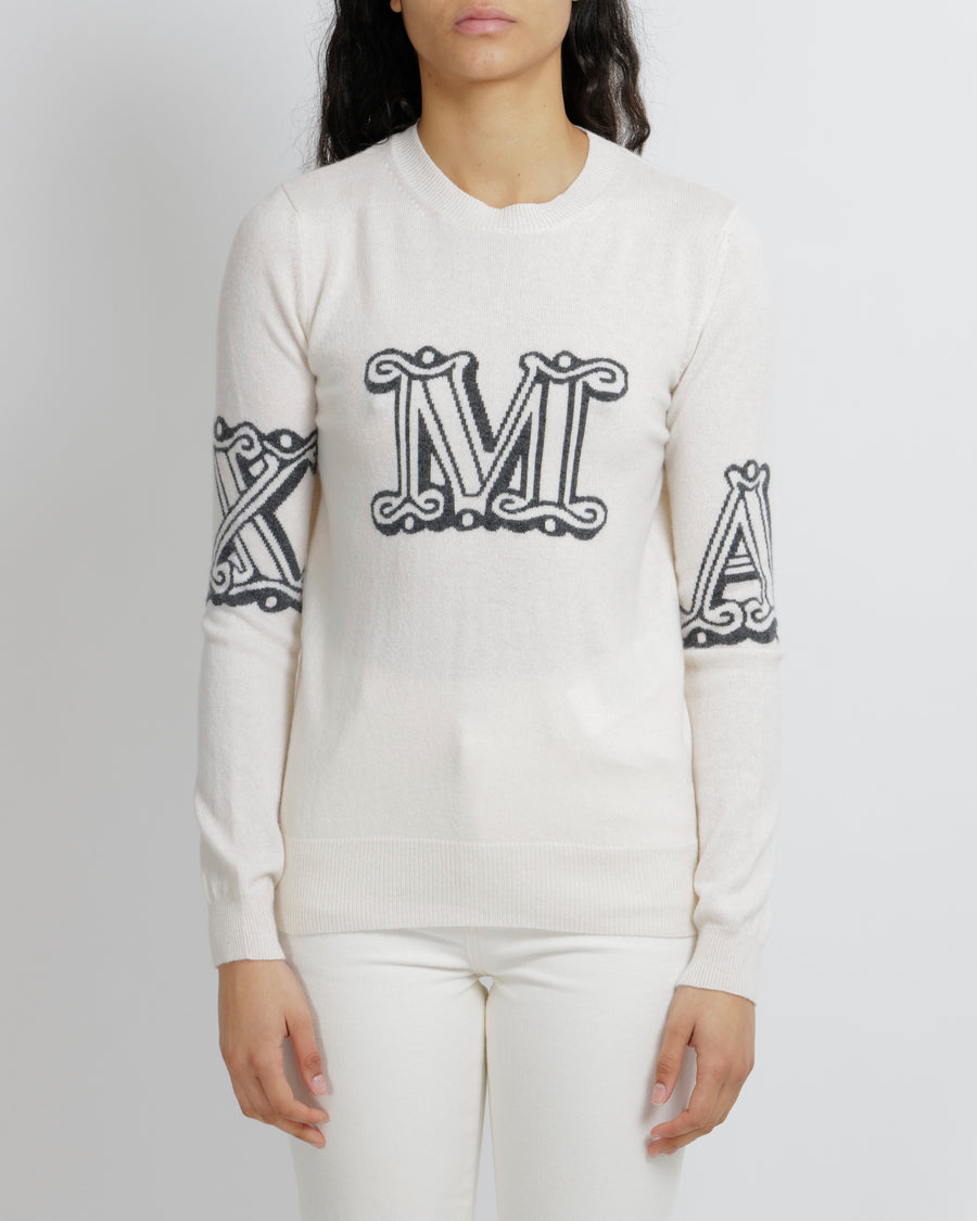 Max Mara Cream Cashmere Jumper with Grey Logo Detail Size S (UK 8)