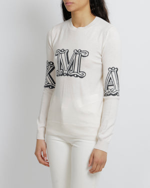 Max Mara Cream Cashmere Jumper with Grey Logo Detail Size S (UK 8)