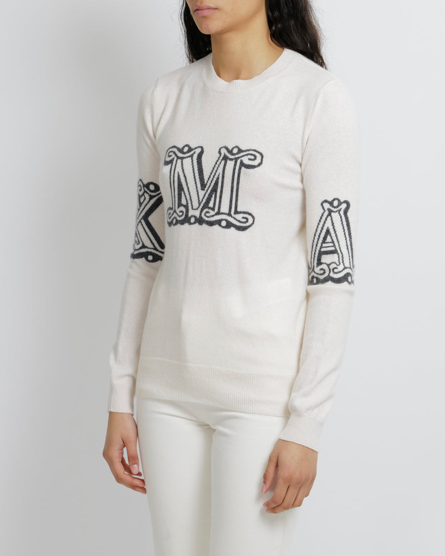 Max Mara Cream Cashmere Jumper with Grey Logo Detail Size S (UK 8)