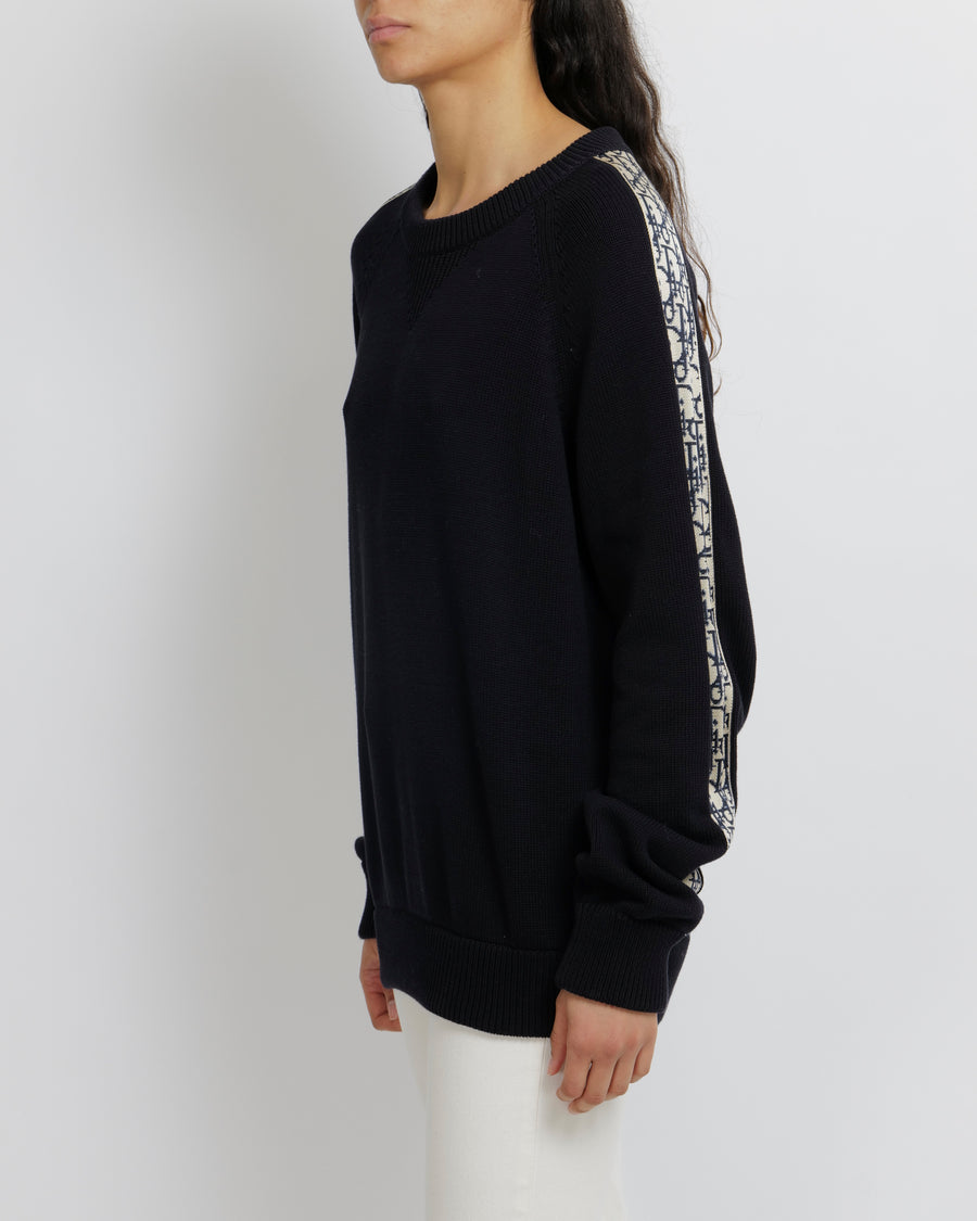Christian Dior Menswear Navy Jumper With Oblique Logo Sleeve Detail Size L