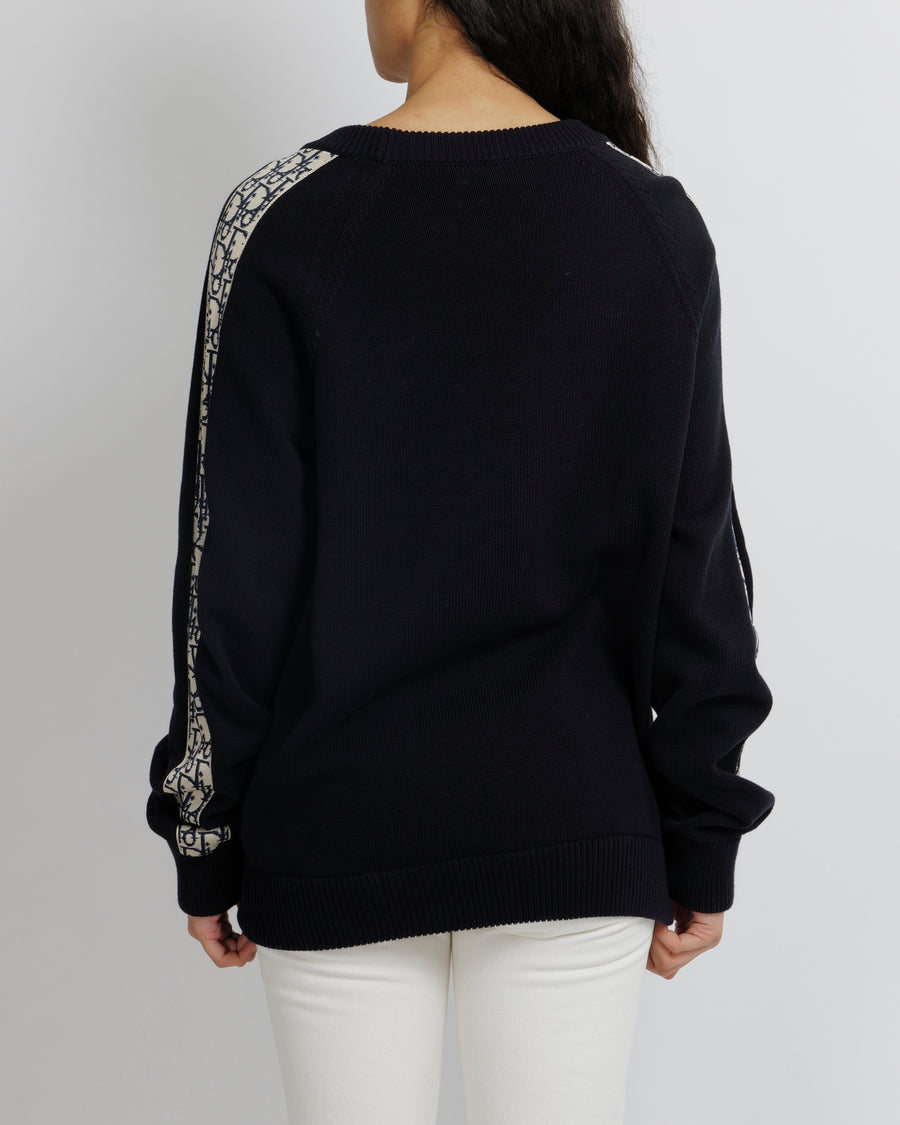 Christian Dior Menswear Navy Jumper With Oblique Logo Sleeve Detail Size L