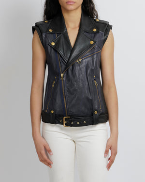 Balmain Navy and Black Sleeveless Leather Jacket with Gold Button Details Size FR 40 (UK 12)