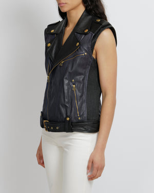Balmain Navy and Black Sleeveless Leather Jacket with Gold Button Details Size FR 40 (UK 12)