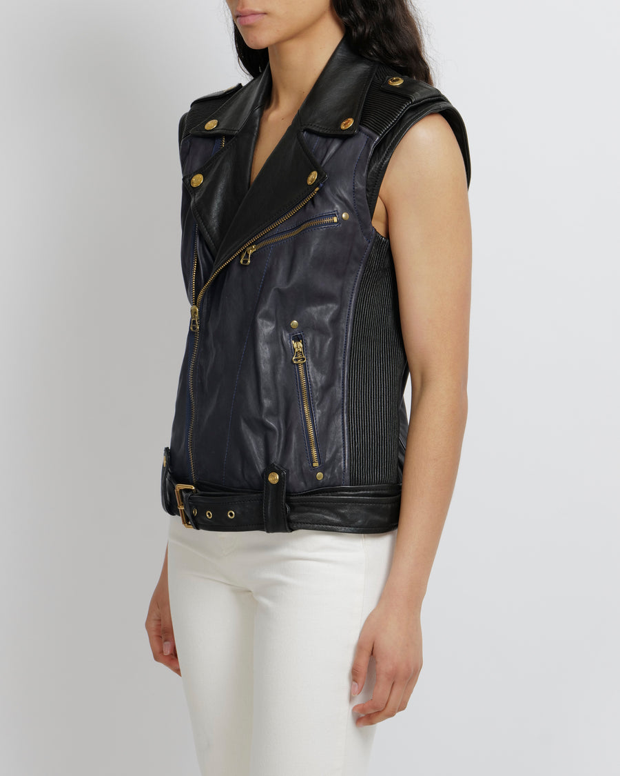Balmain Navy and Black Sleeveless Leather Jacket with Gold Button Details Size FR 40 (UK 12)