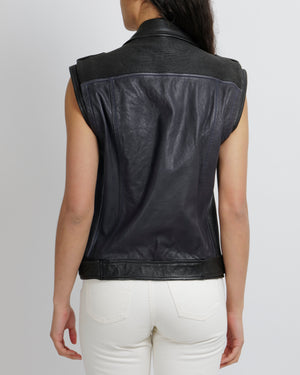 Balmain Navy and Black Sleeveless Leather Jacket with Gold Button Details Size FR 40 (UK 12)