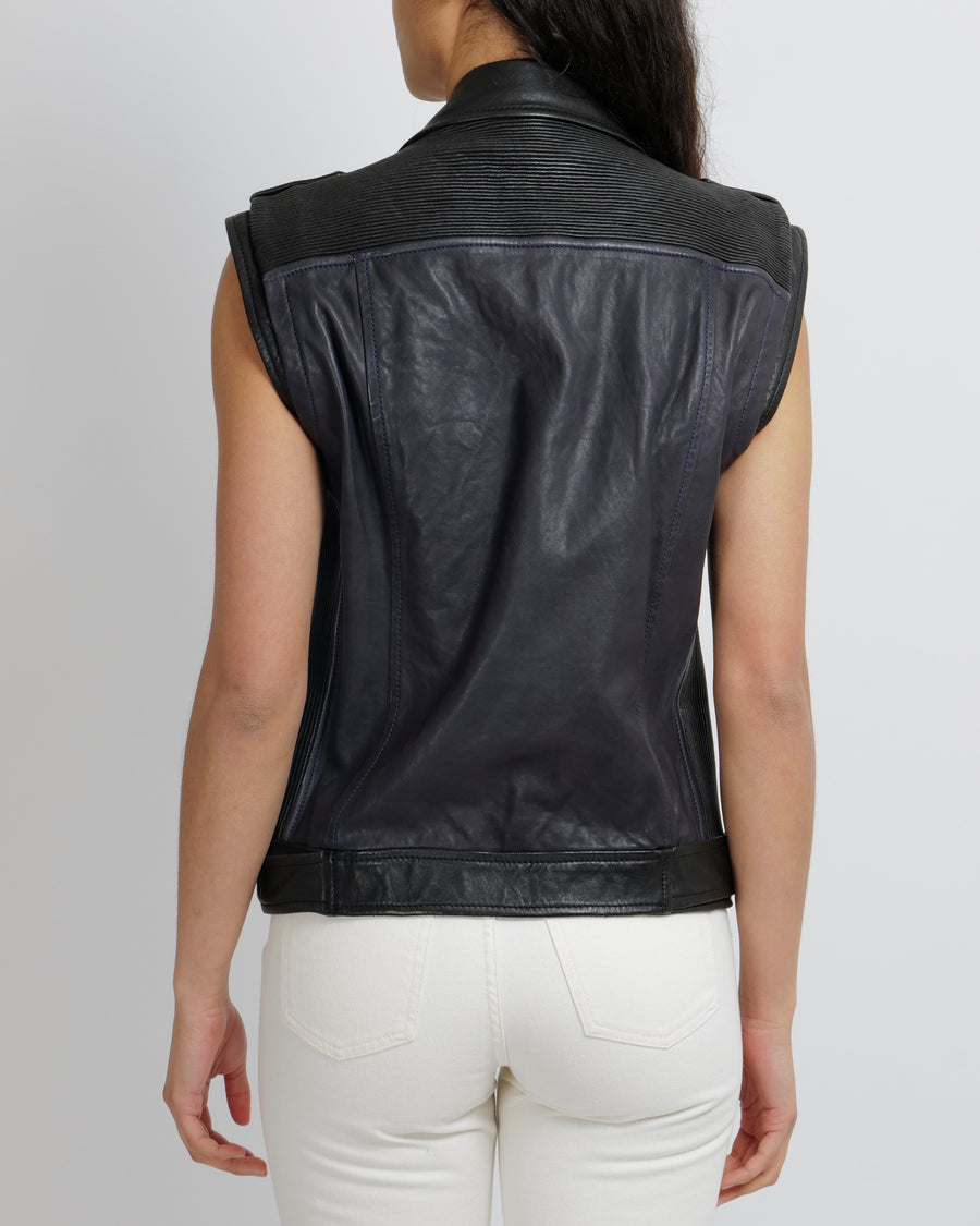 Balmain Navy and Black Sleeveless Leather Jacket with Gold Button Details Size FR 40 (UK 12)