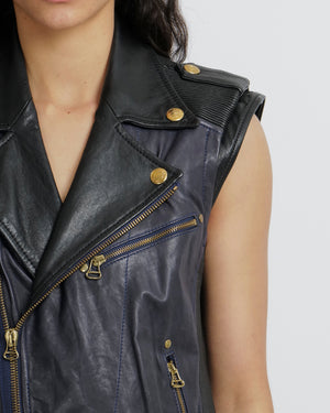 Balmain Navy and Black Sleeveless Leather Jacket with Gold Button Details Size FR 40 (UK 12)