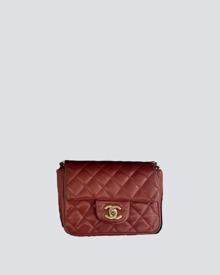 Chanel Burgundy Lambskin Mini Square Classic Flap Bag With Gold Hardware