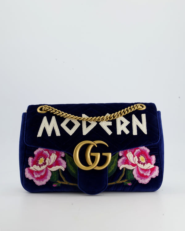 Gucci Blue Velvet Embellished GG Marmont 'Modern' Bag with Brushed Gold Hardware