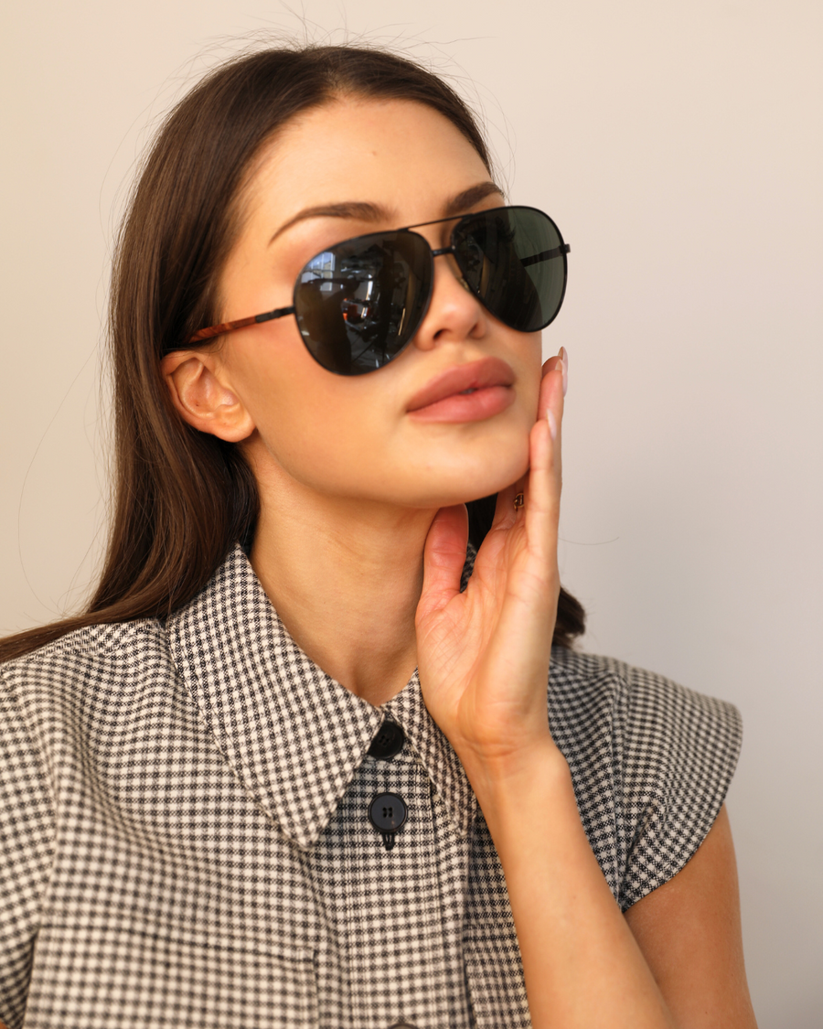 Ralph Lauren Black Aviator Sunglasses with Brown Wood Detail