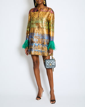 Valentino Gold Metallic Multi-Colour Feather Print Shift Dress with Green Feather Detail Size 42 IT (UK 10)