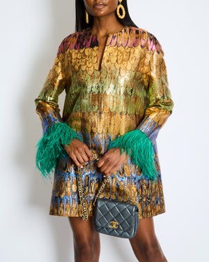 Valentino Gold Metallic Multi-Colour Feather Print Shift Dress with Green Feather Detail Size 42 IT (UK 10)