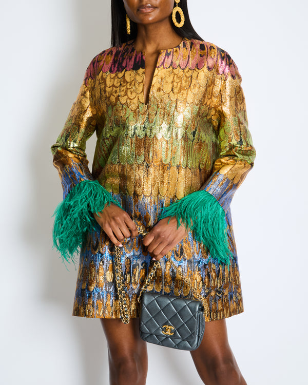 Valentino Gold Metallic Multi-Colour Feather Print Shift Dress with Green Feather Detail Size 42 IT (UK 10)