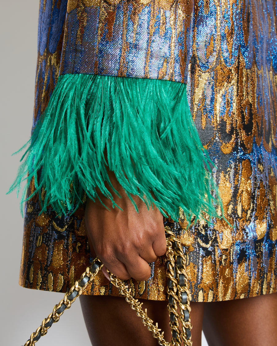 Valentino Gold Metallic Multi-Colour Feather Print Shift Dress with Green Feather Detail Size 42 IT (UK 10)