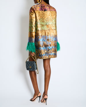 Valentino Gold Metallic Multi-Colour Feather Print Shift Dress with Green Feather Detail Size 42 IT (UK 10)