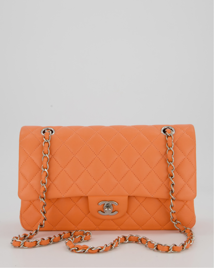 Chanel Peach Classic Medium Double Flap Bag in Lambskin Leather with Silver Hardware