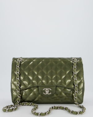 Chanel Khaki Green Patent Leather Jumbo Flap Bag With Silver Hardware