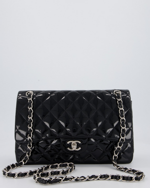 Chanel Black Patent Leather Jumbo Flap Bag With Silver Hardware