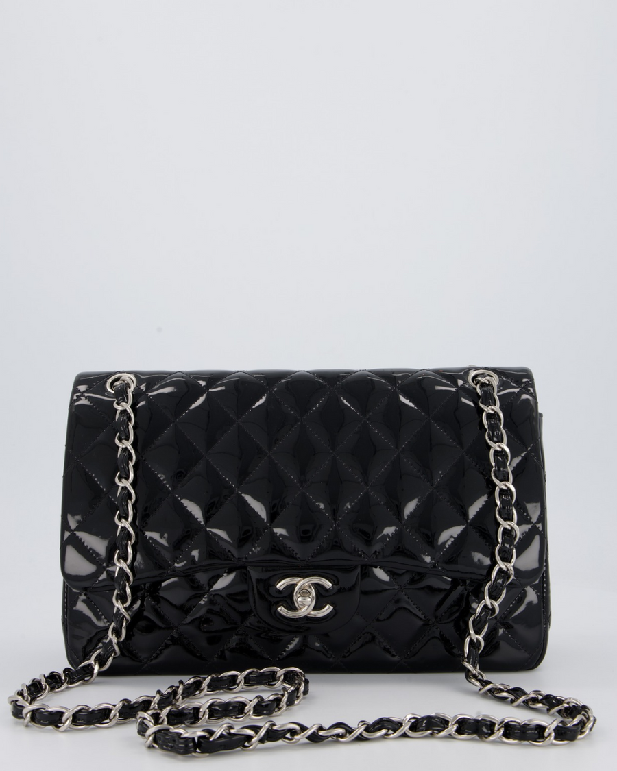 Chanel Black Patent Leather Jumbo Flap Bag With Silver Hardware