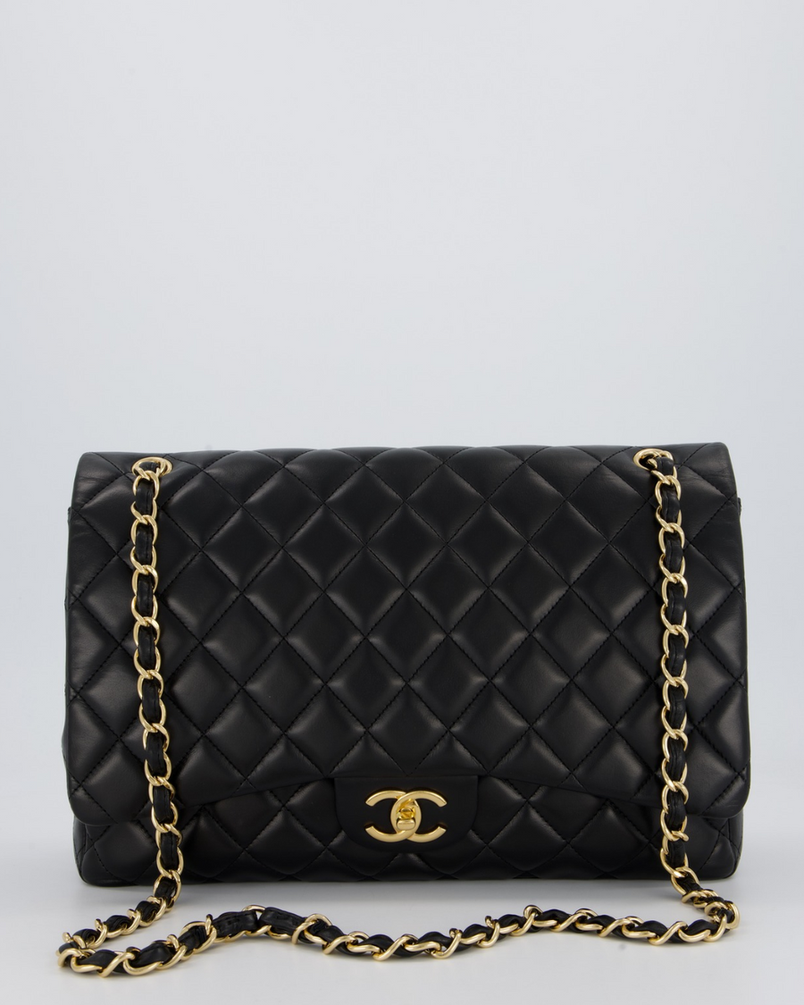 Chanel Black Maxi Single Flap Bag in Black Lambskin Leather with Gold Hardware
