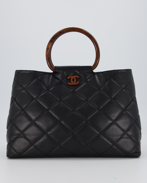 Chanel Vintage Black Quilted Lambskin Leather Tote Bag with Wooden CC and Handle Detail