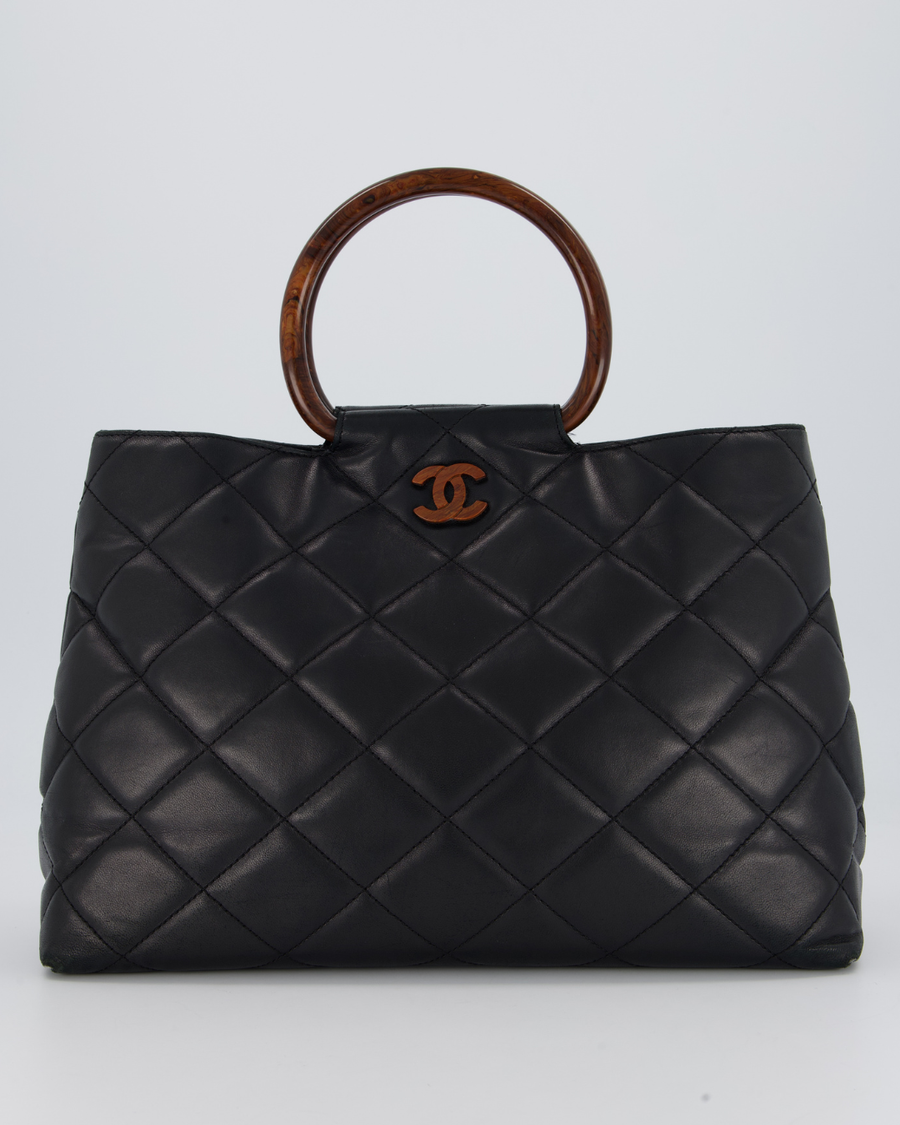 Chanel Vintage Black Quilted Lambskin Leather Tote Bag with Wooden CC and Handle Detail