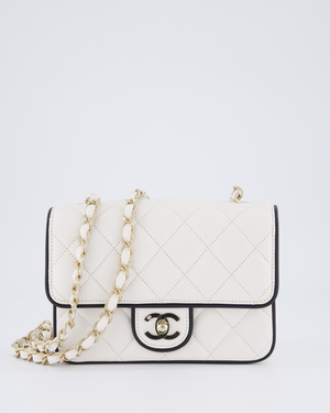 Chanel White, Black Trim Flap Bag in Lambskin Leather with Champagne and Enamel Hardware