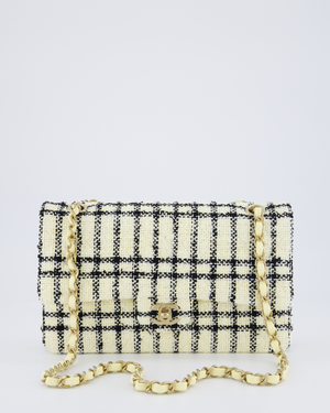 Chanel Pastel Yellow, Black Check Tweed Medium Classic Double Flap Bag with Champagne Gold Hardware